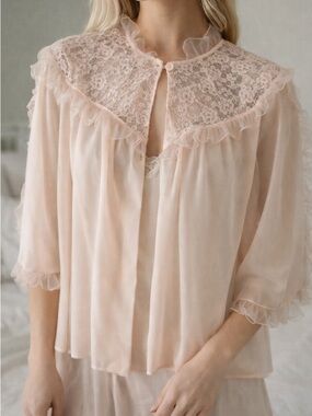 Rogers Vintage Nylon Tricot Bed Jacket Lace Yoke Sheer Peignoir Robe S